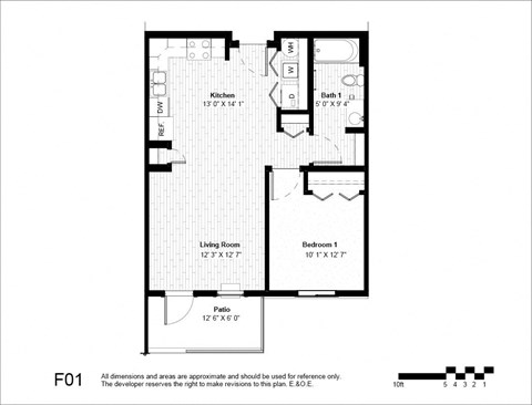 Floor plan for 1 bed, 1 bath, 935 sqft
